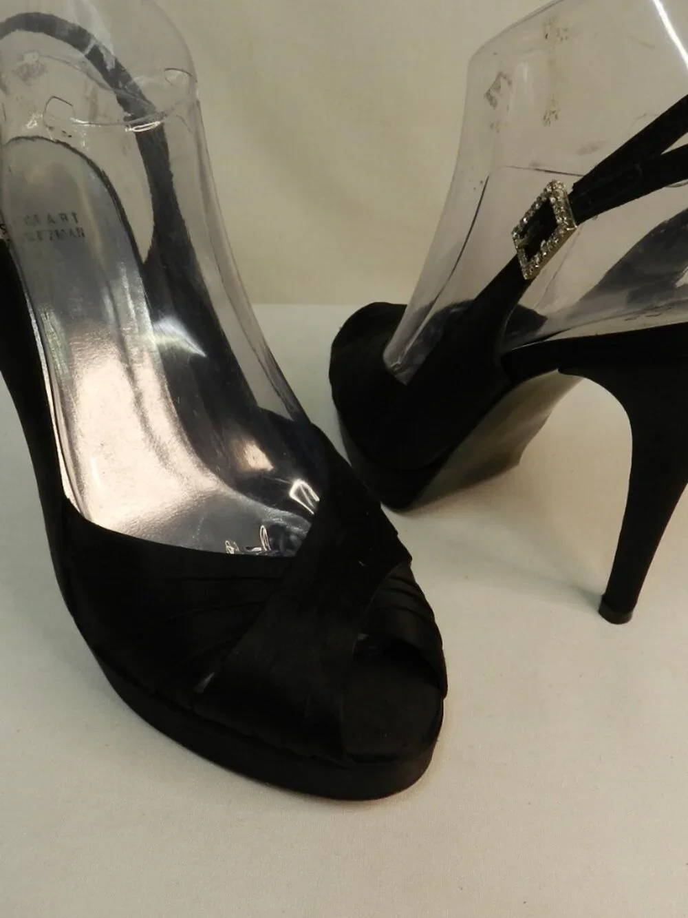 Stuart Weitzman Satin Leather Crystal Buckle black slingback peep toe heels 9.5